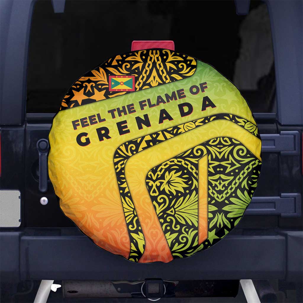 Grenada Tribal Floral Pattern Spare Tire Cover with Rasta Gradient and Flame Motto Design TS04