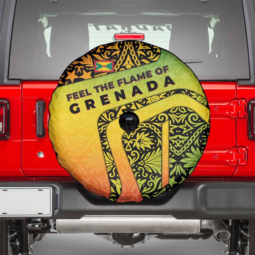 Grenada Tribal Floral Pattern Spare Tire Cover with Rasta Gradient and Flame Motto Design TS04