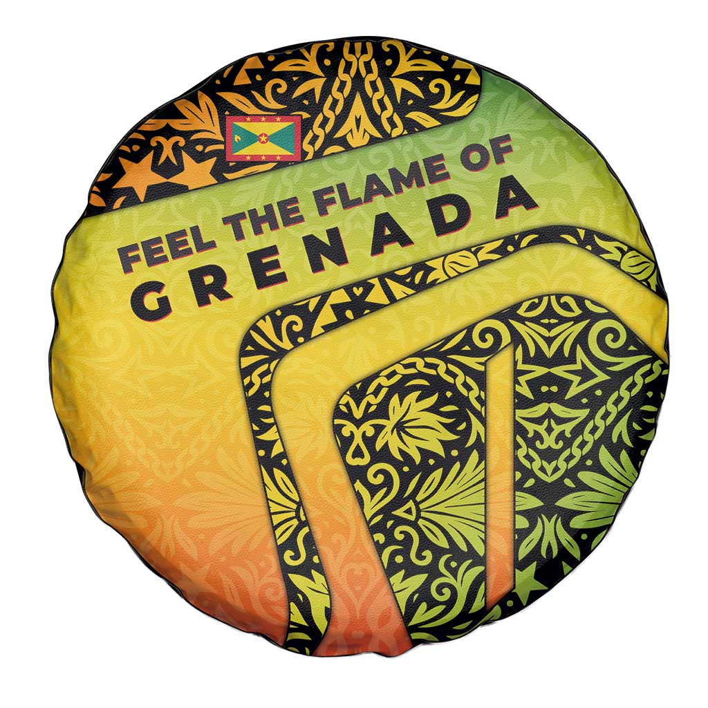 Grenada Tribal Floral Pattern Spare Tire Cover with Rasta Gradient and Flame Motto Design TS04