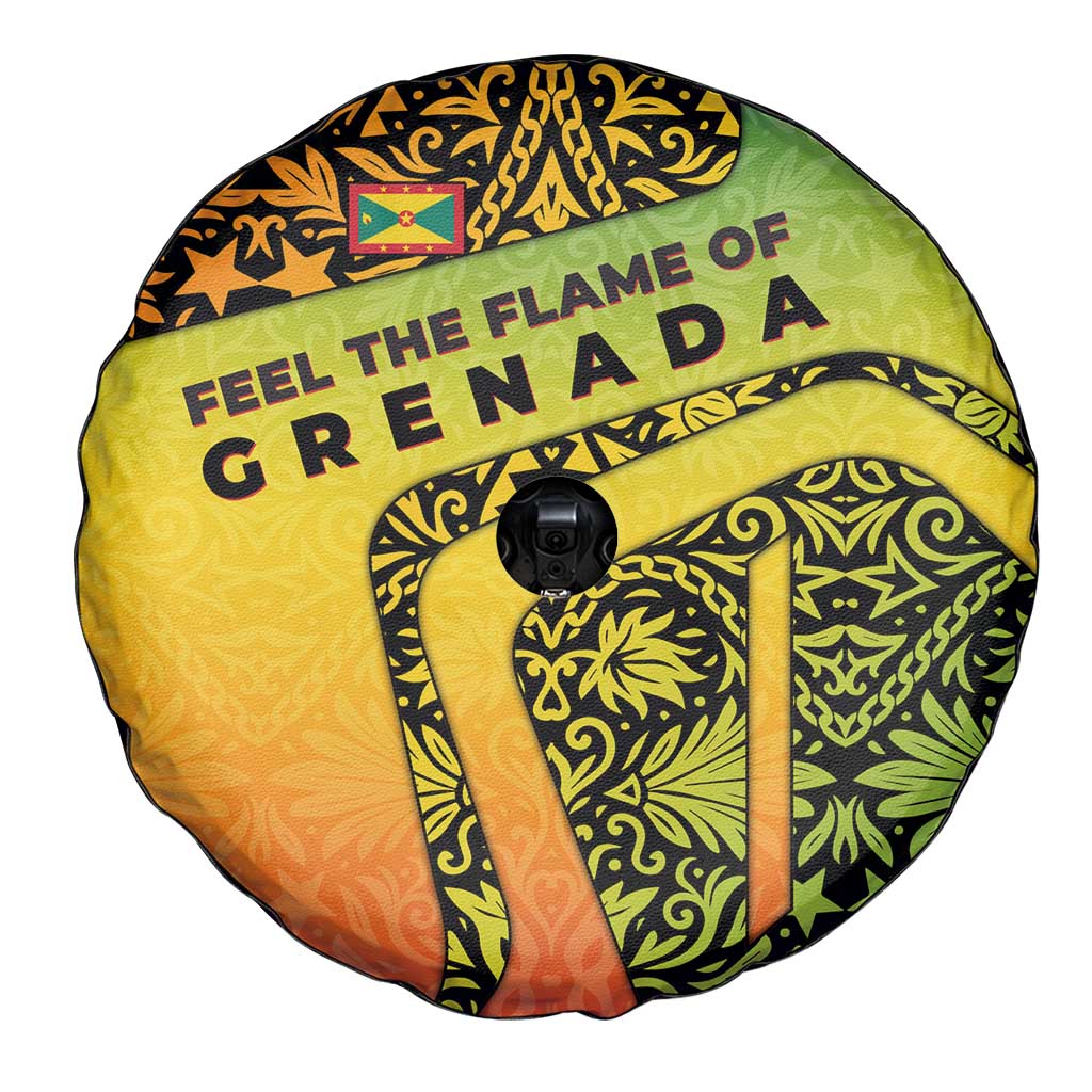 Grenada Tribal Floral Pattern Spare Tire Cover with Rasta Gradient and Flame Motto Design TS04
