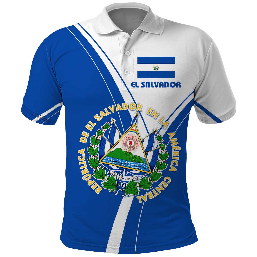 El Salvador National Flag Polo Shirt with Coat of Arms and Blue White Stripes Design TS04