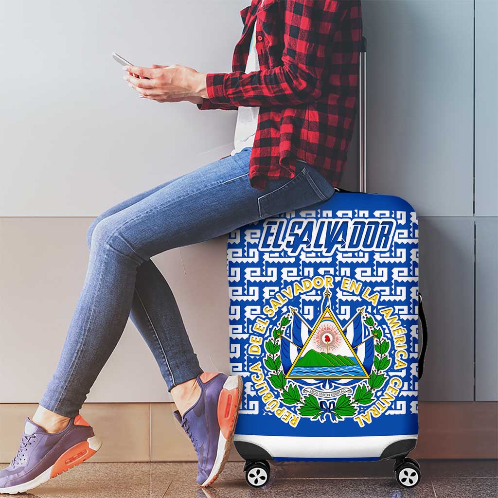 El Salvador Tribal Pattern Luggage Cover with National Coat of Arms and Blue White Theme TS04