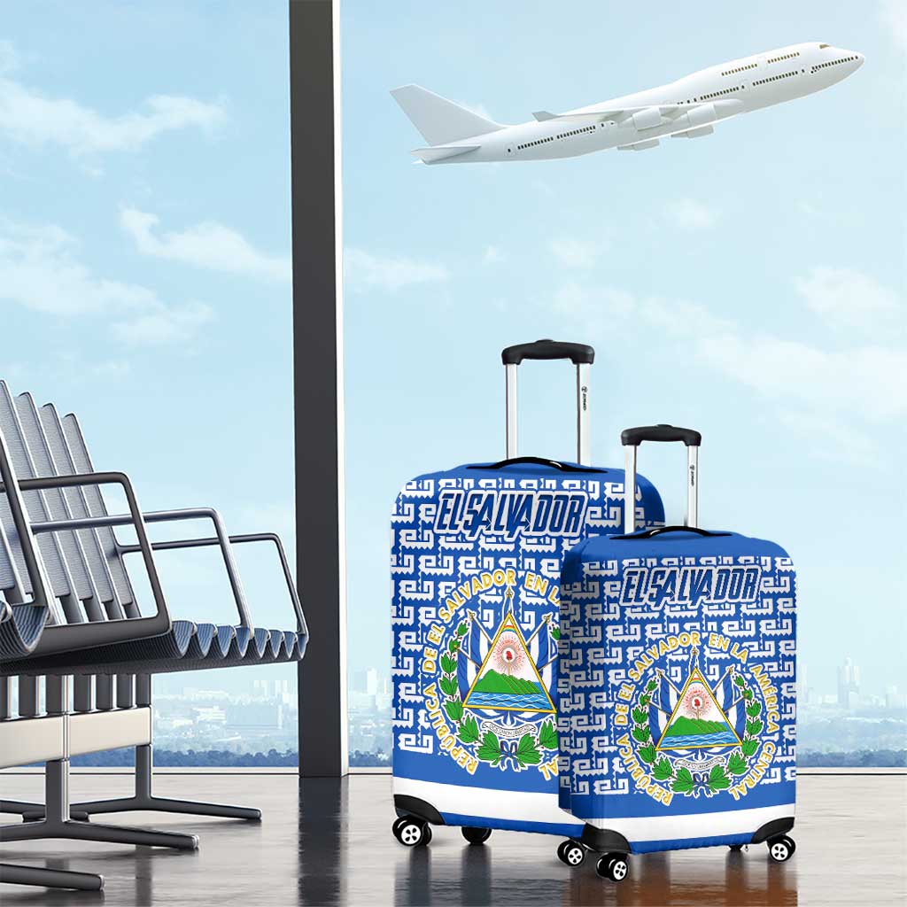 El Salvador Tribal Pattern Luggage Cover with National Coat of Arms and Blue White Theme TS04