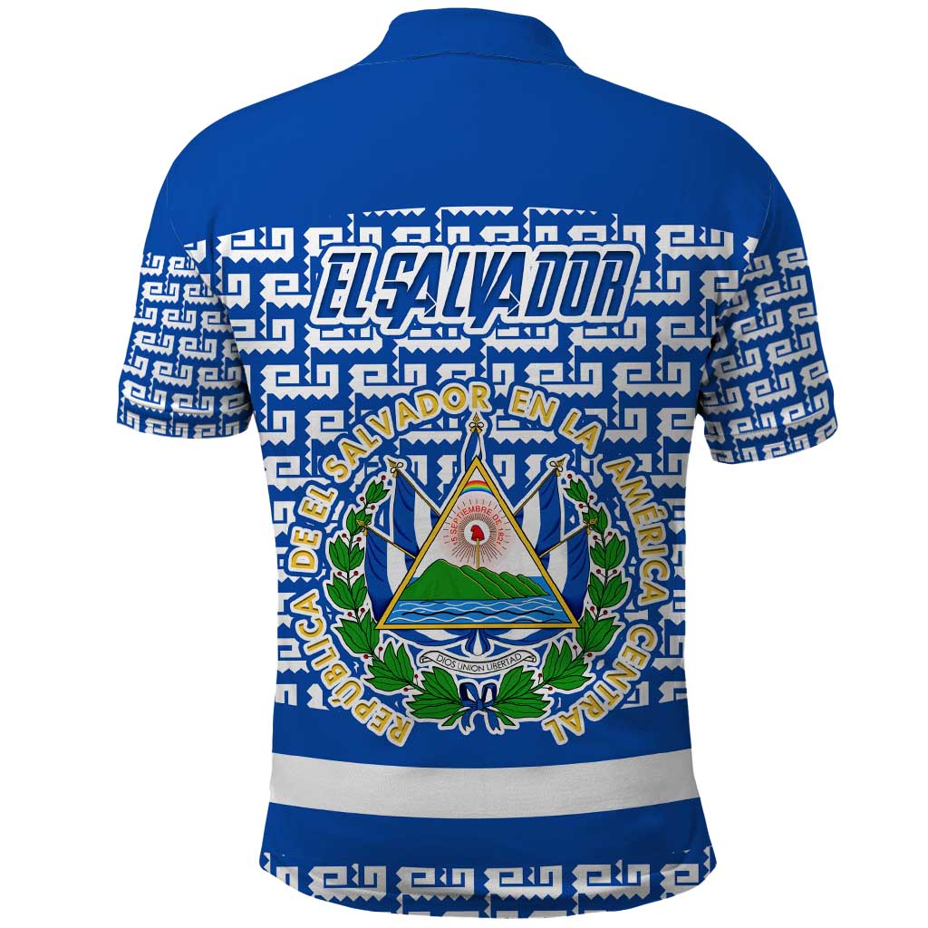 El Salvador Tribal Pattern Polo Shirt with National Coat of Arms and Blue White Theme TS04