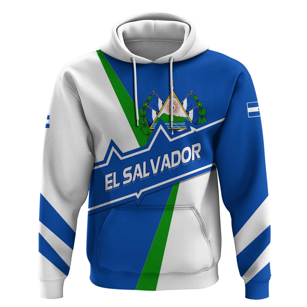El Salvador Flag Crest Hoodie with Blue Green Stripes and Bold Letter Design TS04
