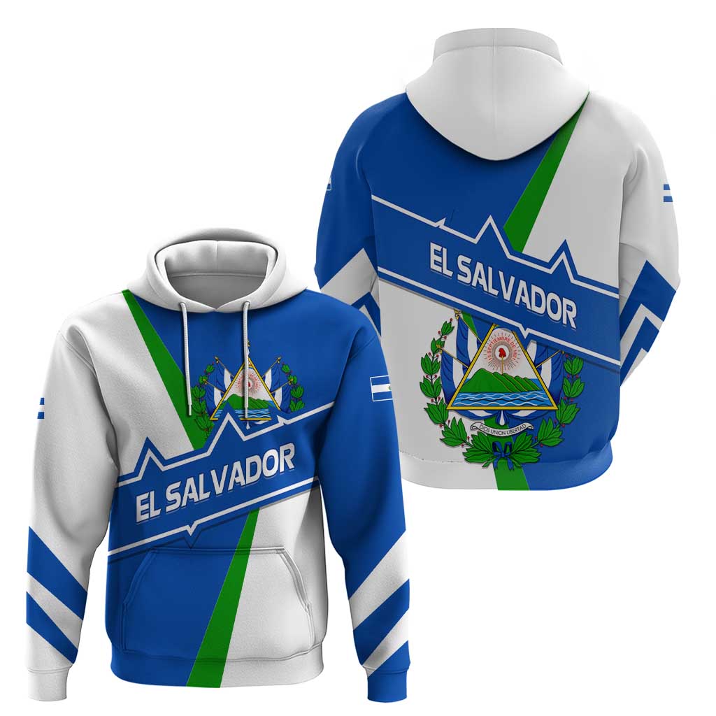 El Salvador Flag Crest Hoodie with Blue Green Stripes and Bold Letter Design TS04