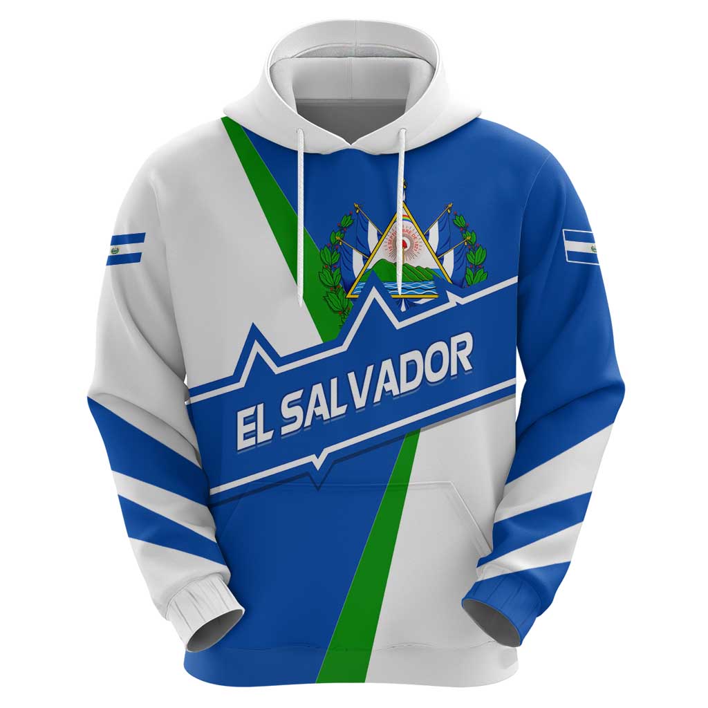 El Salvador Flag Crest Hoodie with Blue Green Stripes and Bold Letter Design TS04