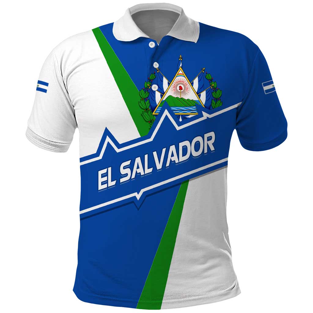 El Salvador Flag Crest Polo Shirt with Blue Green Stripes and Bold Letter Design TS04