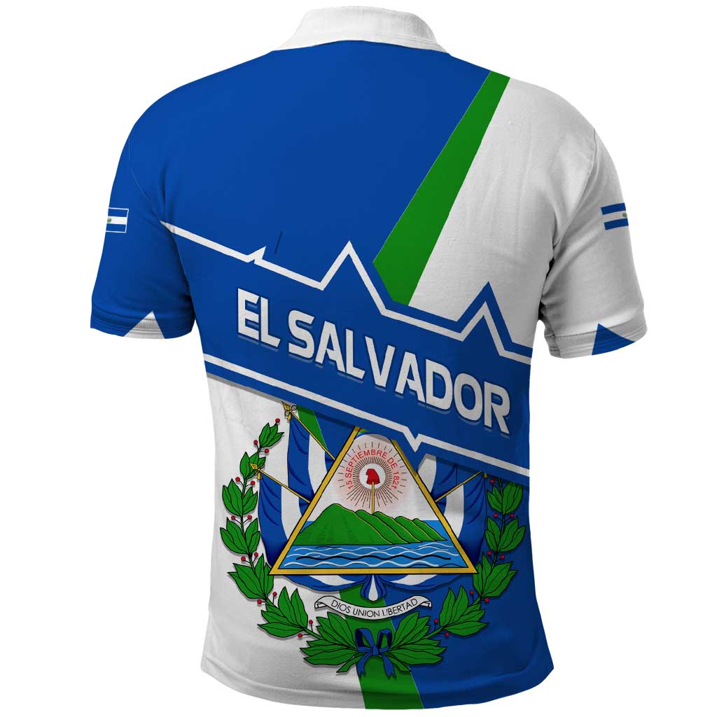 El Salvador Flag Crest Polo Shirt with Blue Green Stripes and Bold Letter Design TS04