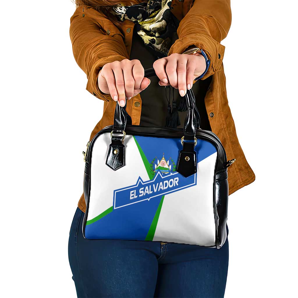 El Salvador Flag Crest Shoulder Handbag with Blue Green Stripes and Bold Letter Design TS04