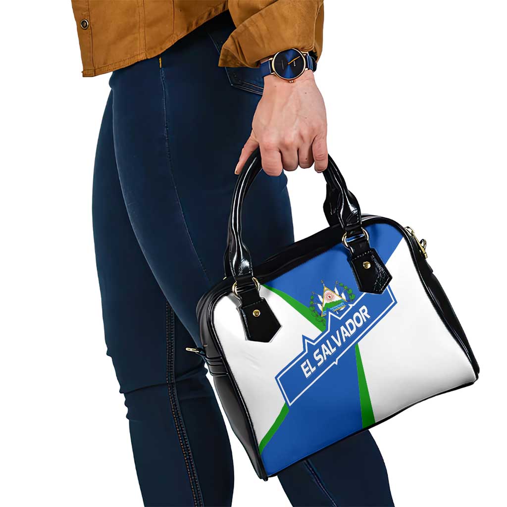 El Salvador Flag Crest Shoulder Handbag with Blue Green Stripes and Bold Letter Design TS04