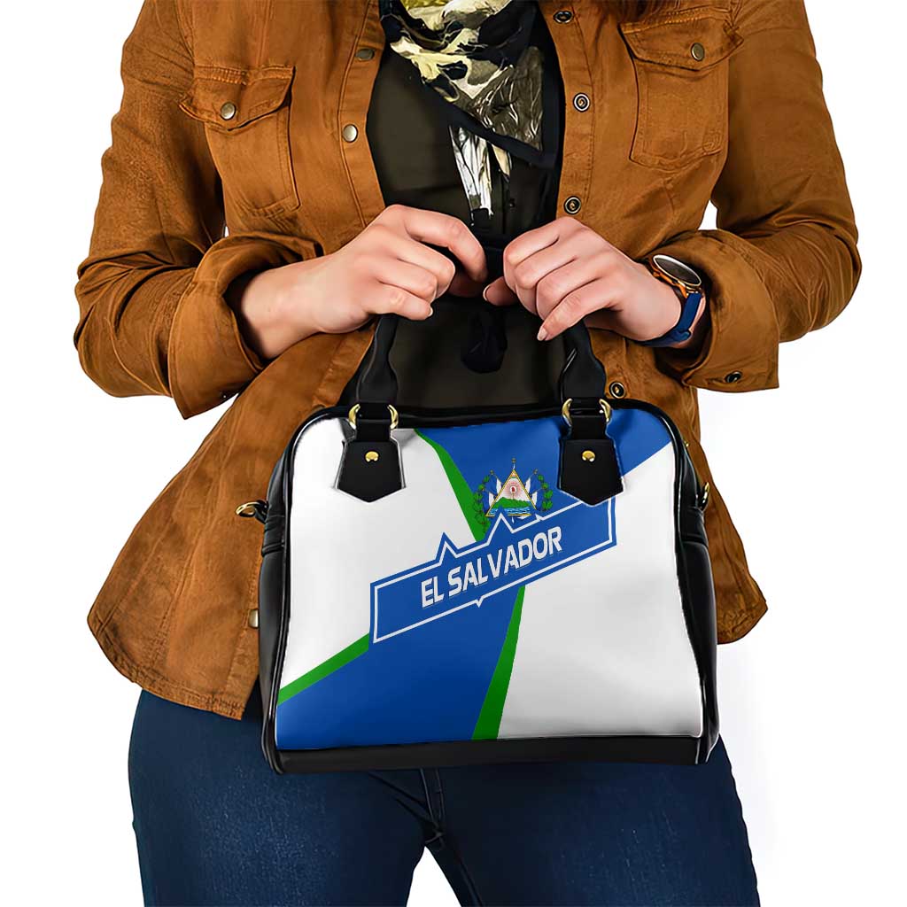 El Salvador Flag Crest Shoulder Handbag with Blue Green Stripes and Bold Letter Design TS04