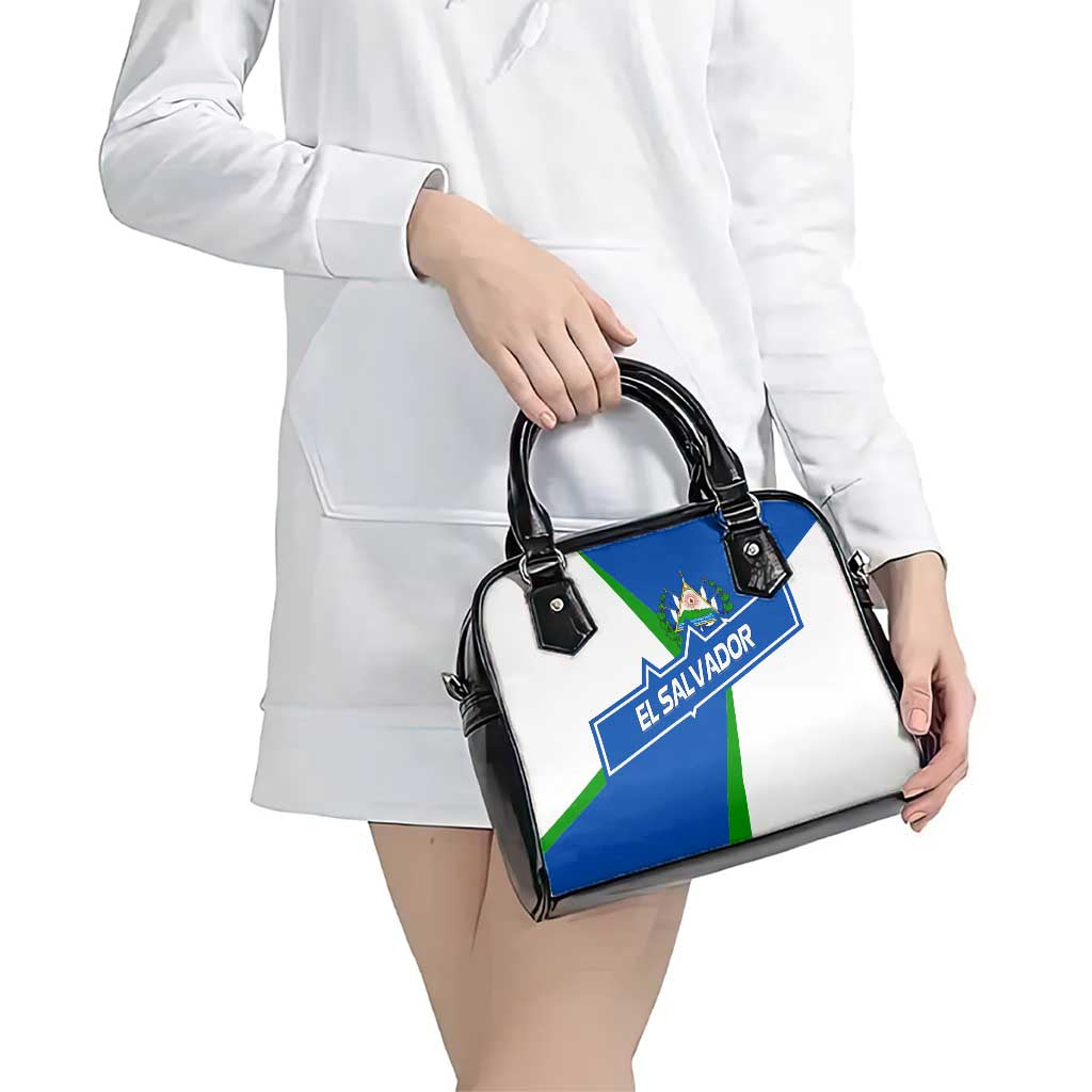 El Salvador Flag Crest Shoulder Handbag with Blue Green Stripes and Bold Letter Design TS04