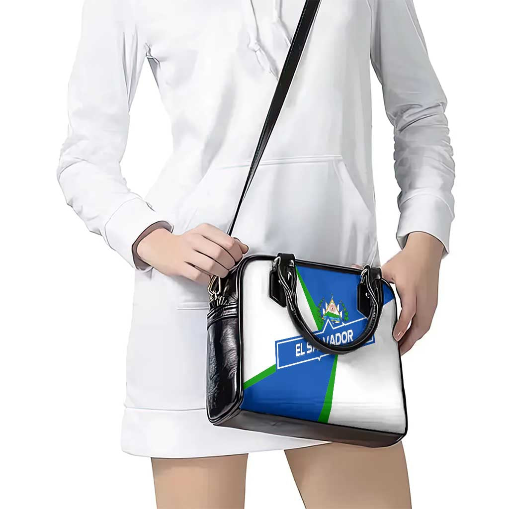 El Salvador Flag Crest Shoulder Handbag with Blue Green Stripes and Bold Letter Design TS04