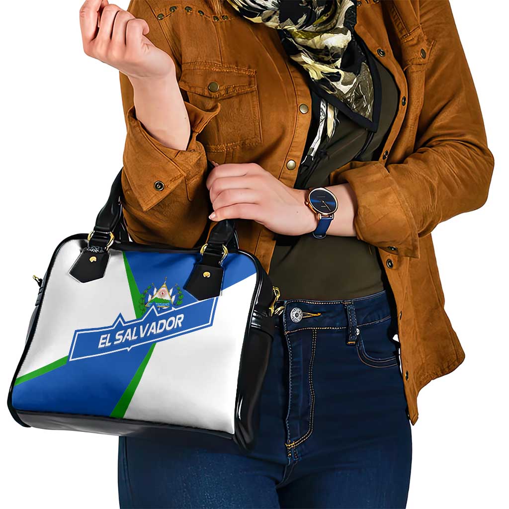 El Salvador Flag Crest Shoulder Handbag with Blue Green Stripes and Bold Letter Design TS04