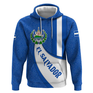 El Salvador Coat of Arms Hoodie with Curved Text and Blue Patterned Background TS04