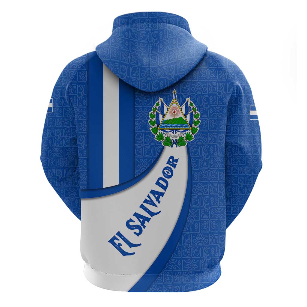 El Salvador Coat of Arms Hoodie with Curved Text and Blue Patterned Background TS04