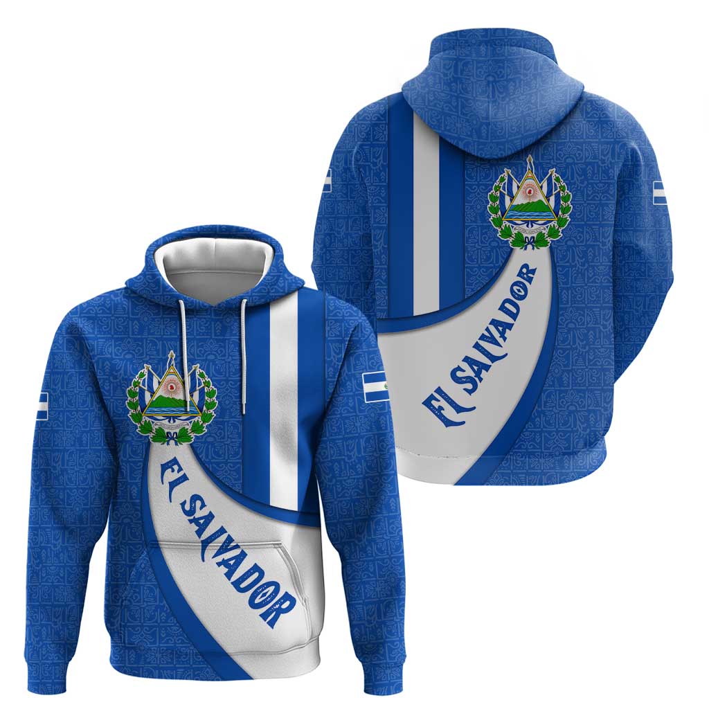El Salvador Coat of Arms Hoodie with Curved Text and Blue Patterned Background TS04