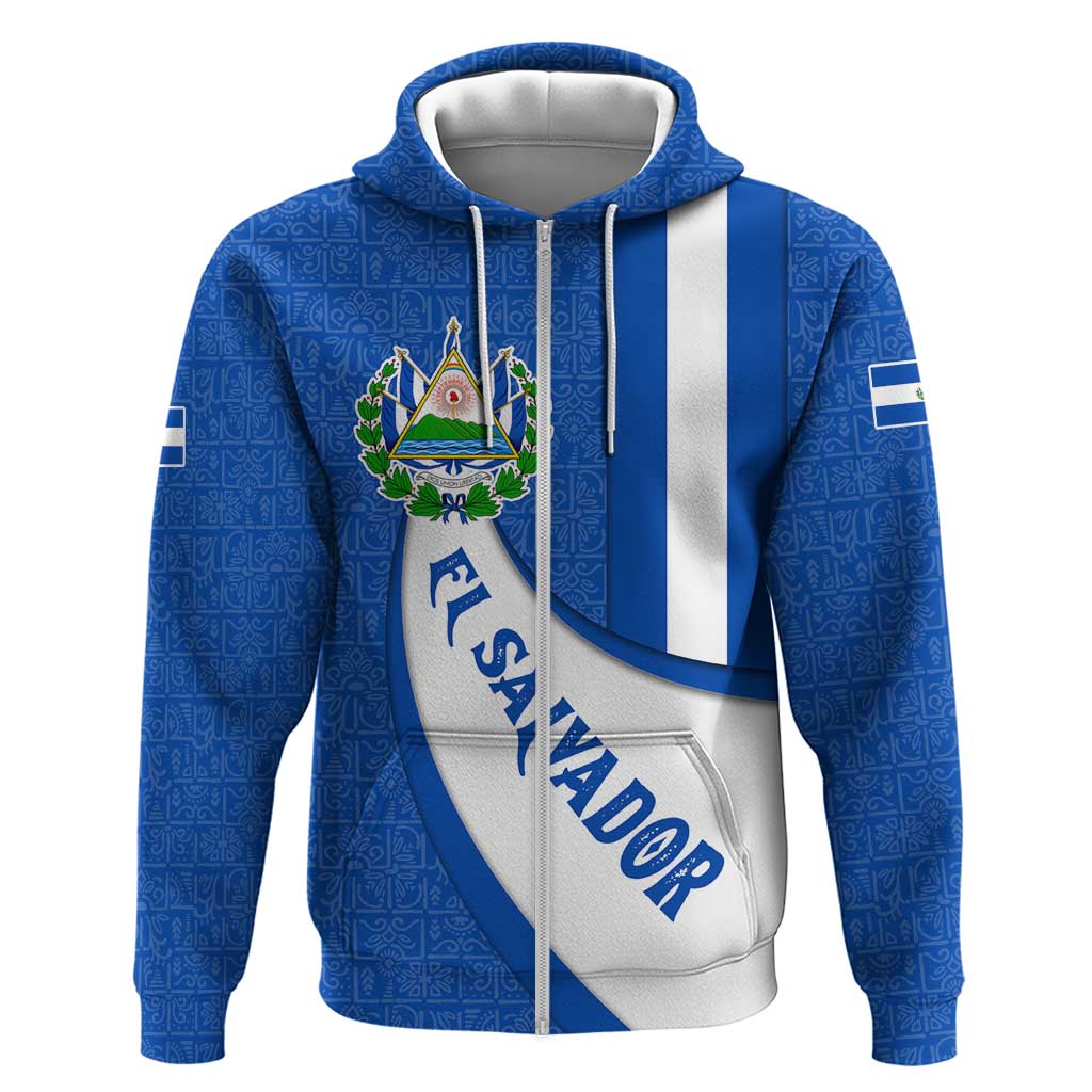 El Salvador Coat of Arms Hoodie with Curved Text and Blue Patterned Background TS04