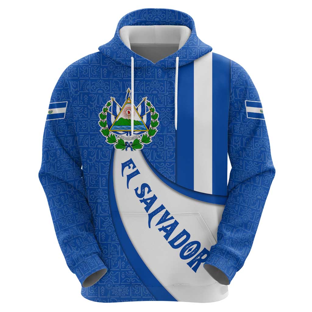 El Salvador Coat of Arms Hoodie with Curved Text and Blue Patterned Background TS04