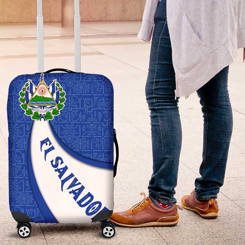 El Salvador Coat of Arms Luggage Cover with Curved Text and Blue Patterned Background TS04