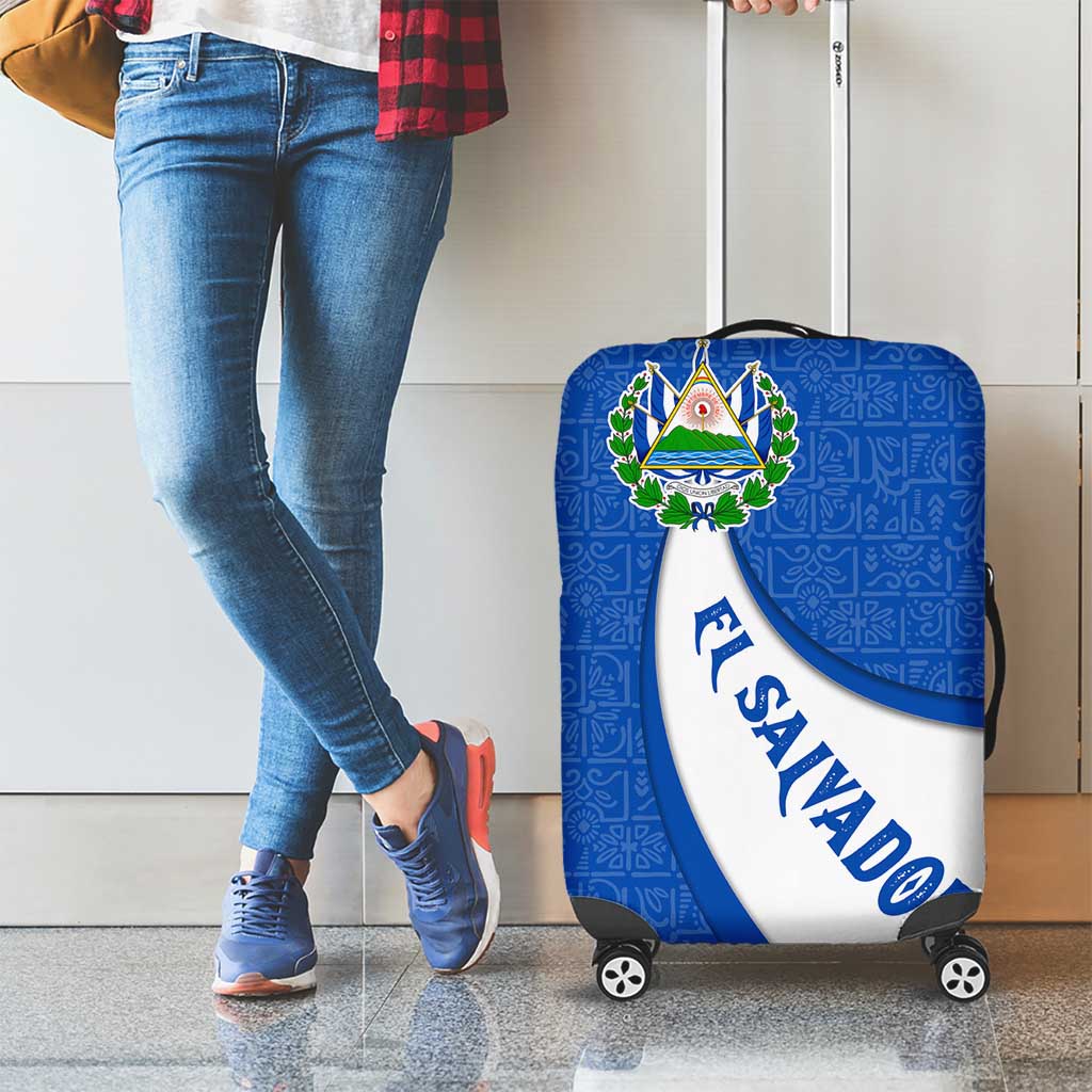 El Salvador Coat of Arms Luggage Cover with Curved Text and Blue Patterned Background TS04