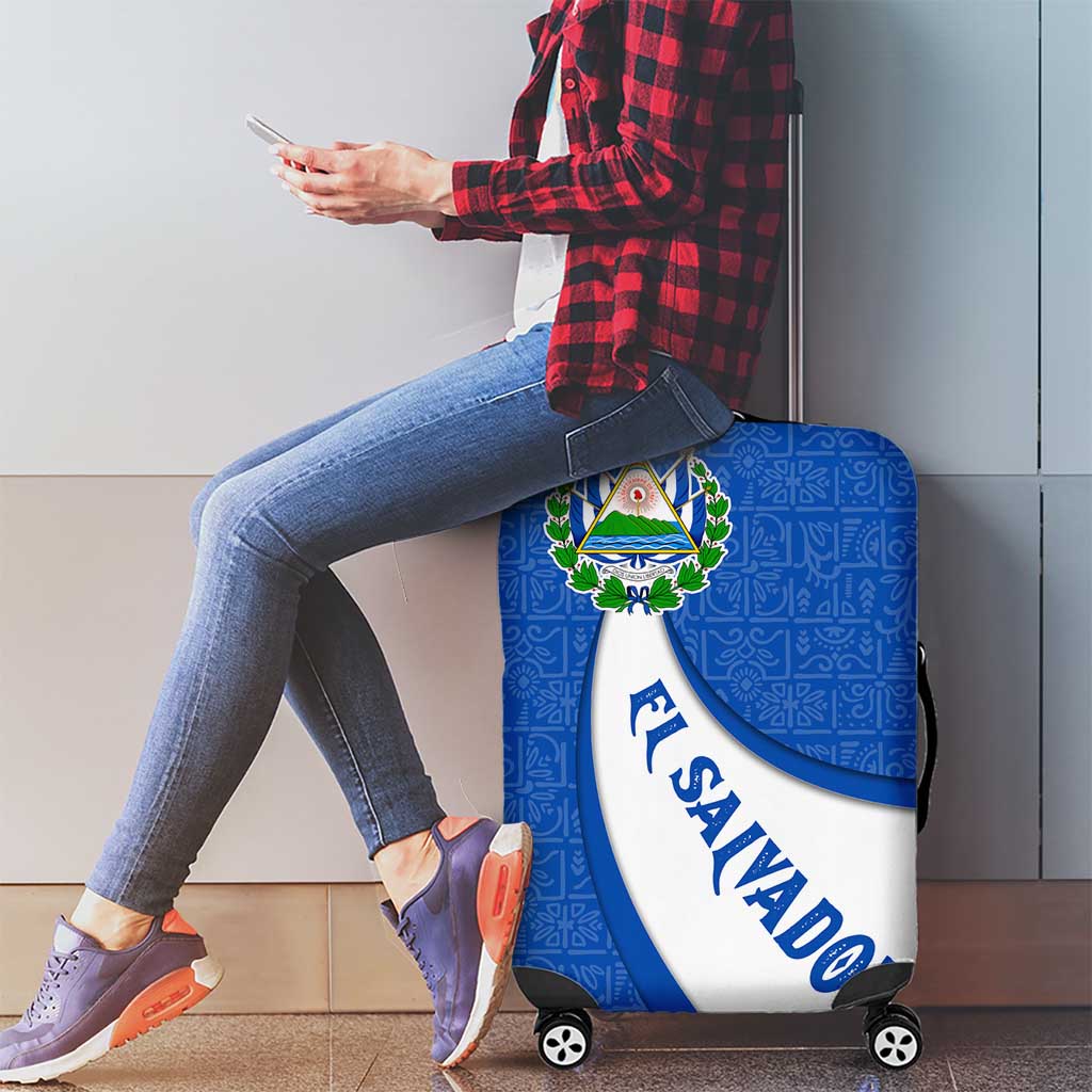 El Salvador Coat of Arms Luggage Cover with Curved Text and Blue Patterned Background TS04