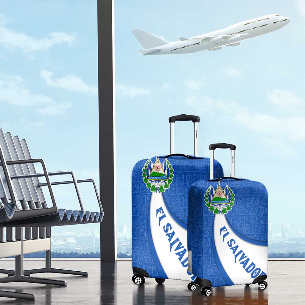 El Salvador Coat of Arms Luggage Cover with Curved Text and Blue Patterned Background TS04