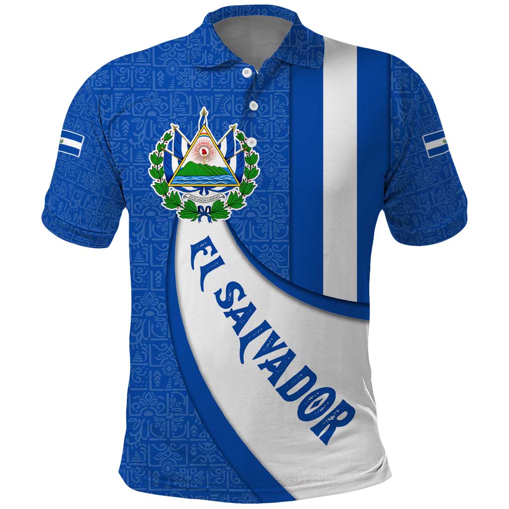 El Salvador Coat of Arms Polo Shirt with Curved Text and Blue Patterned Background TS04