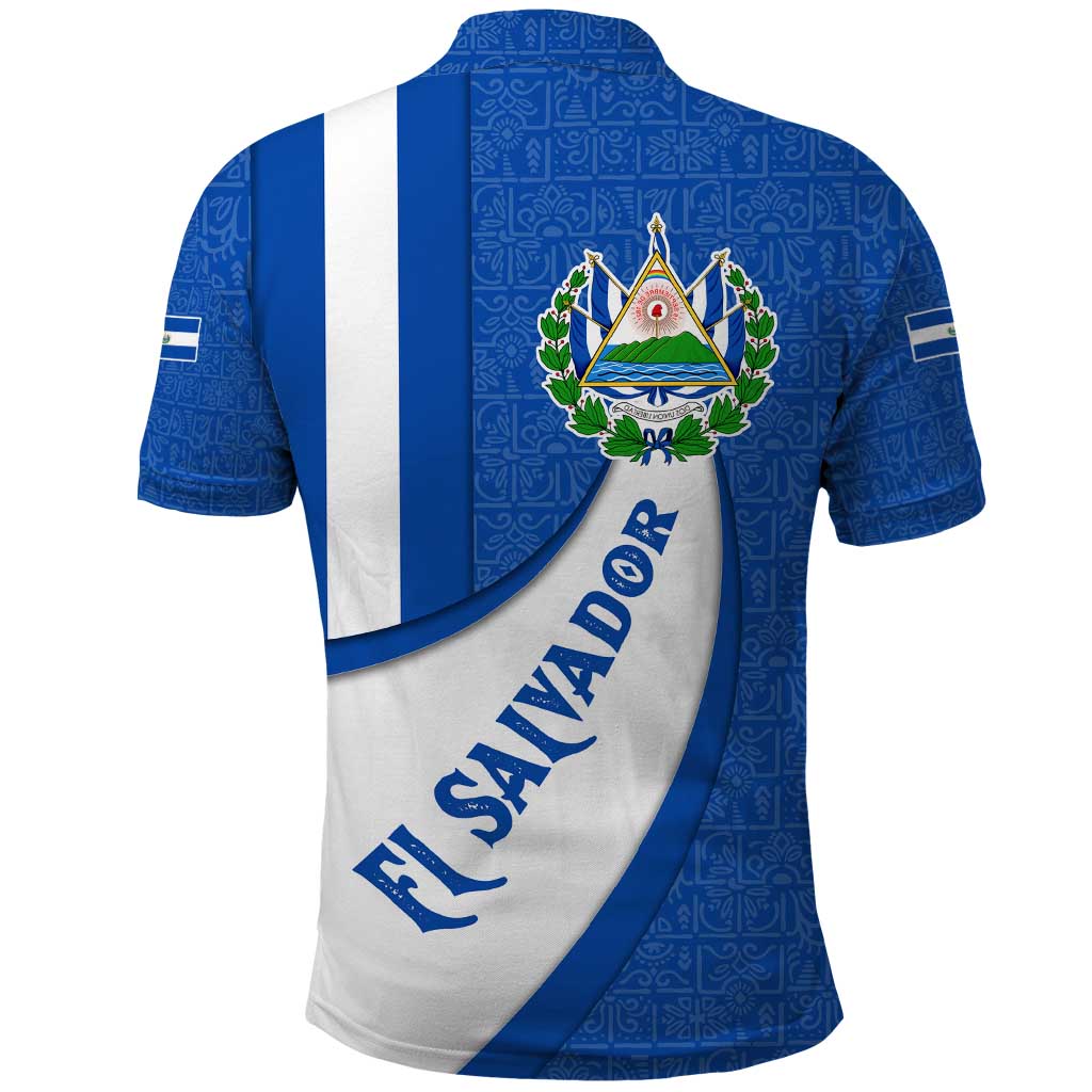 El Salvador Coat of Arms Polo Shirt with Curved Text and Blue Patterned Background TS04