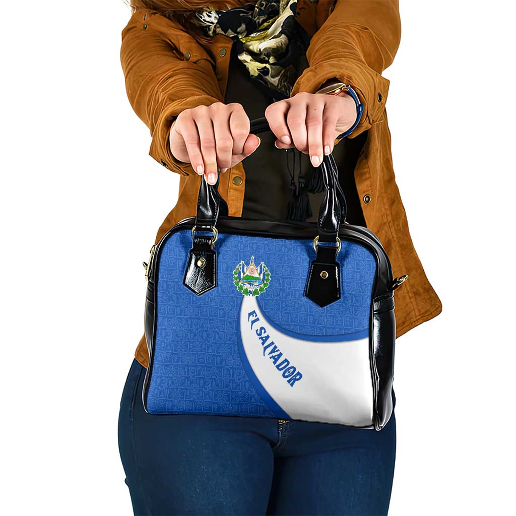El Salvador Coat of Arms Shoulder Handbag with Curved Text and Blue Patterned Background TS04
