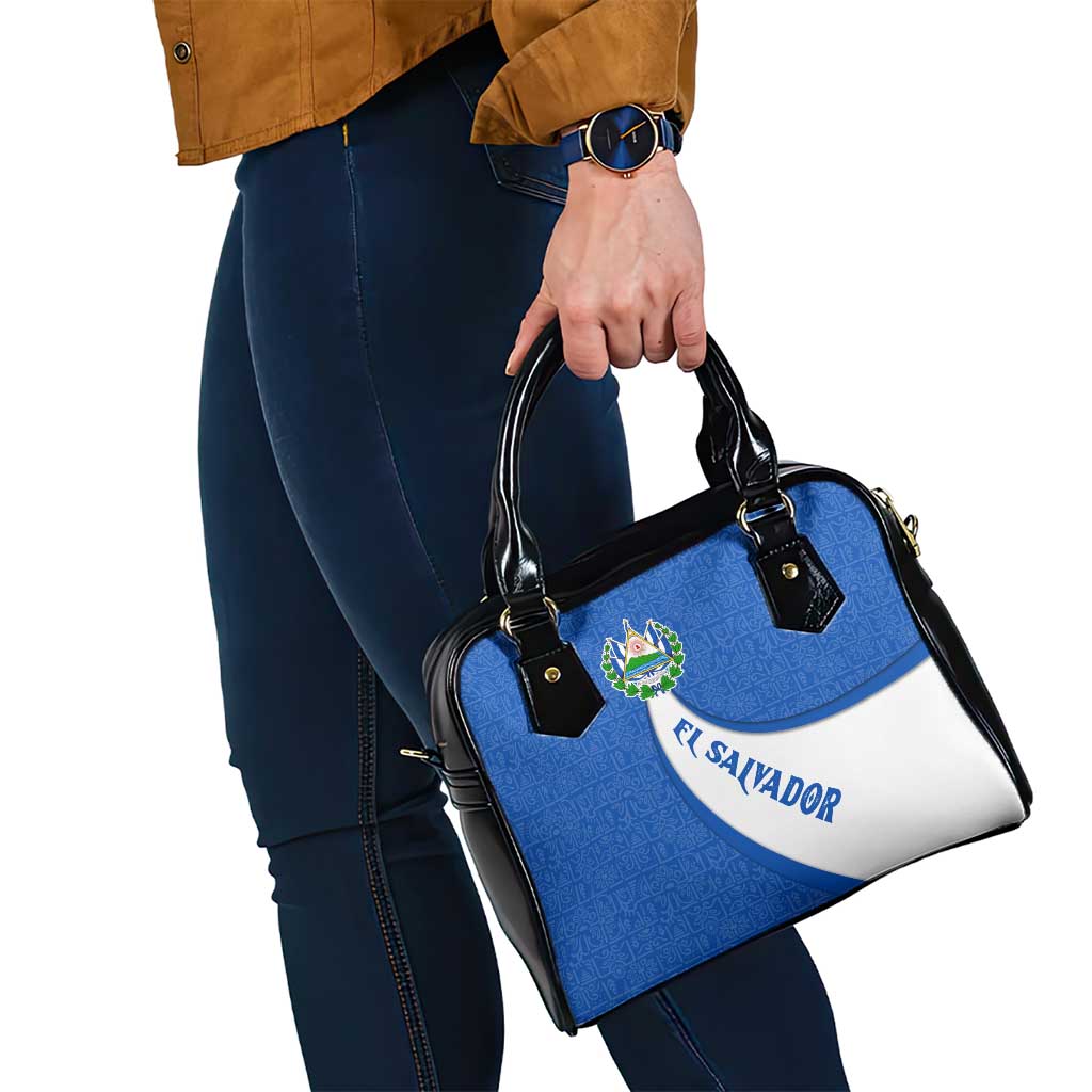 El Salvador Coat of Arms Shoulder Handbag with Curved Text and Blue Patterned Background TS04