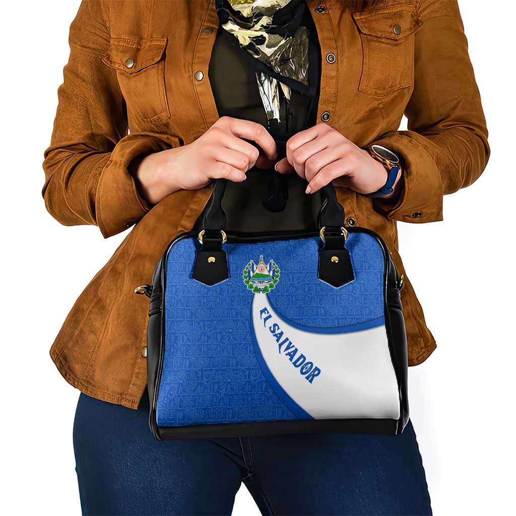 El Salvador Coat of Arms Shoulder Handbag with Curved Text and Blue Patterned Background TS04