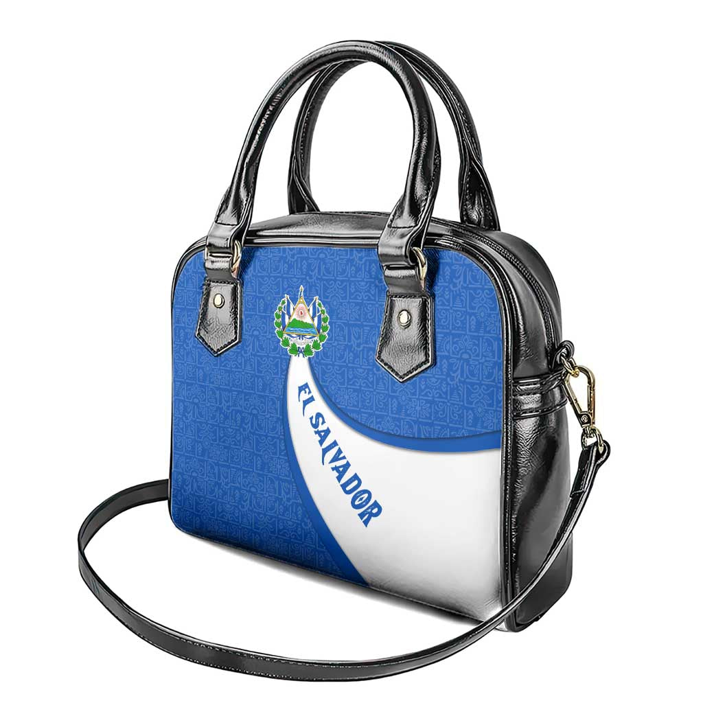 El Salvador Coat of Arms Shoulder Handbag with Curved Text and Blue Patterned Background TS04