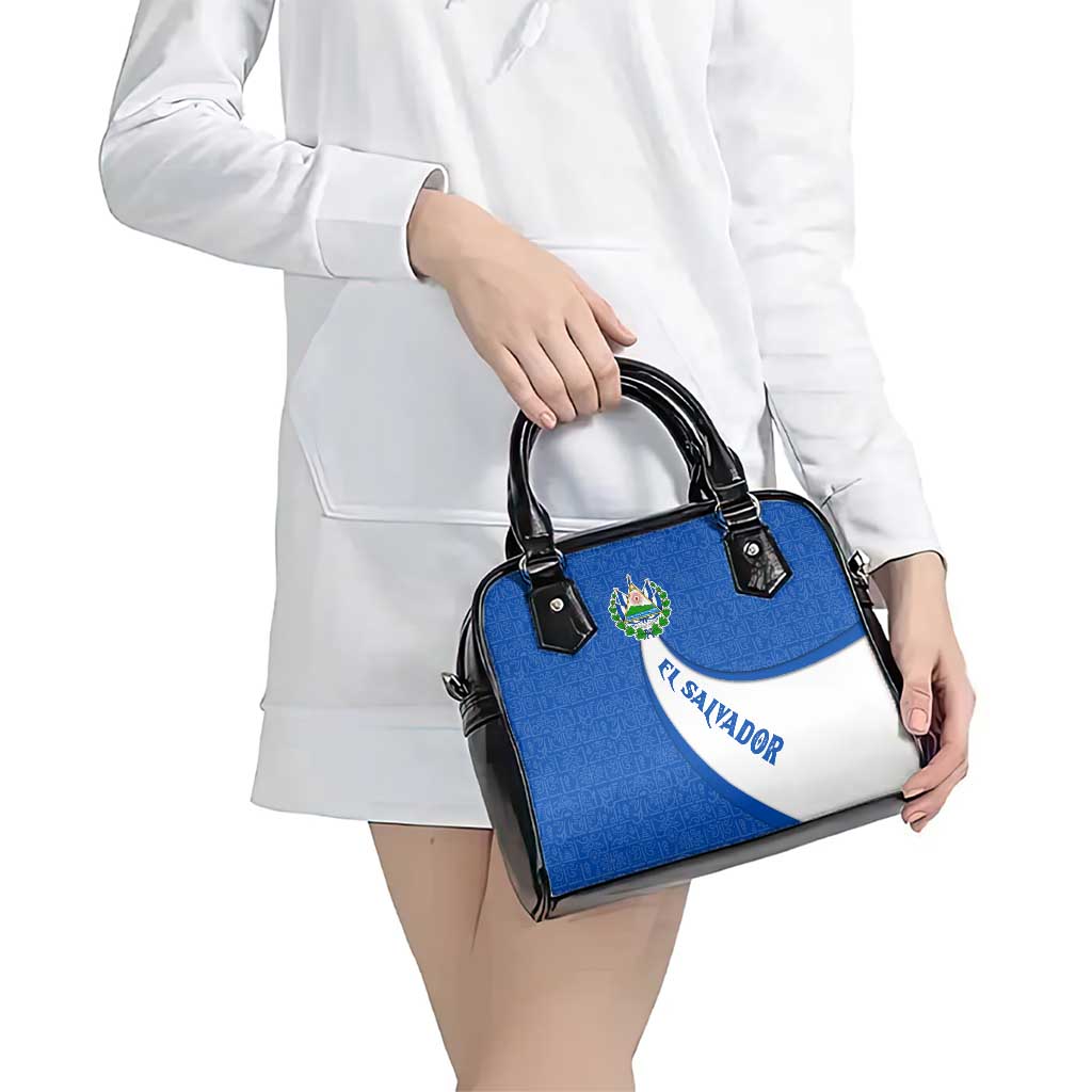 El Salvador Coat of Arms Shoulder Handbag with Curved Text and Blue Patterned Background TS04