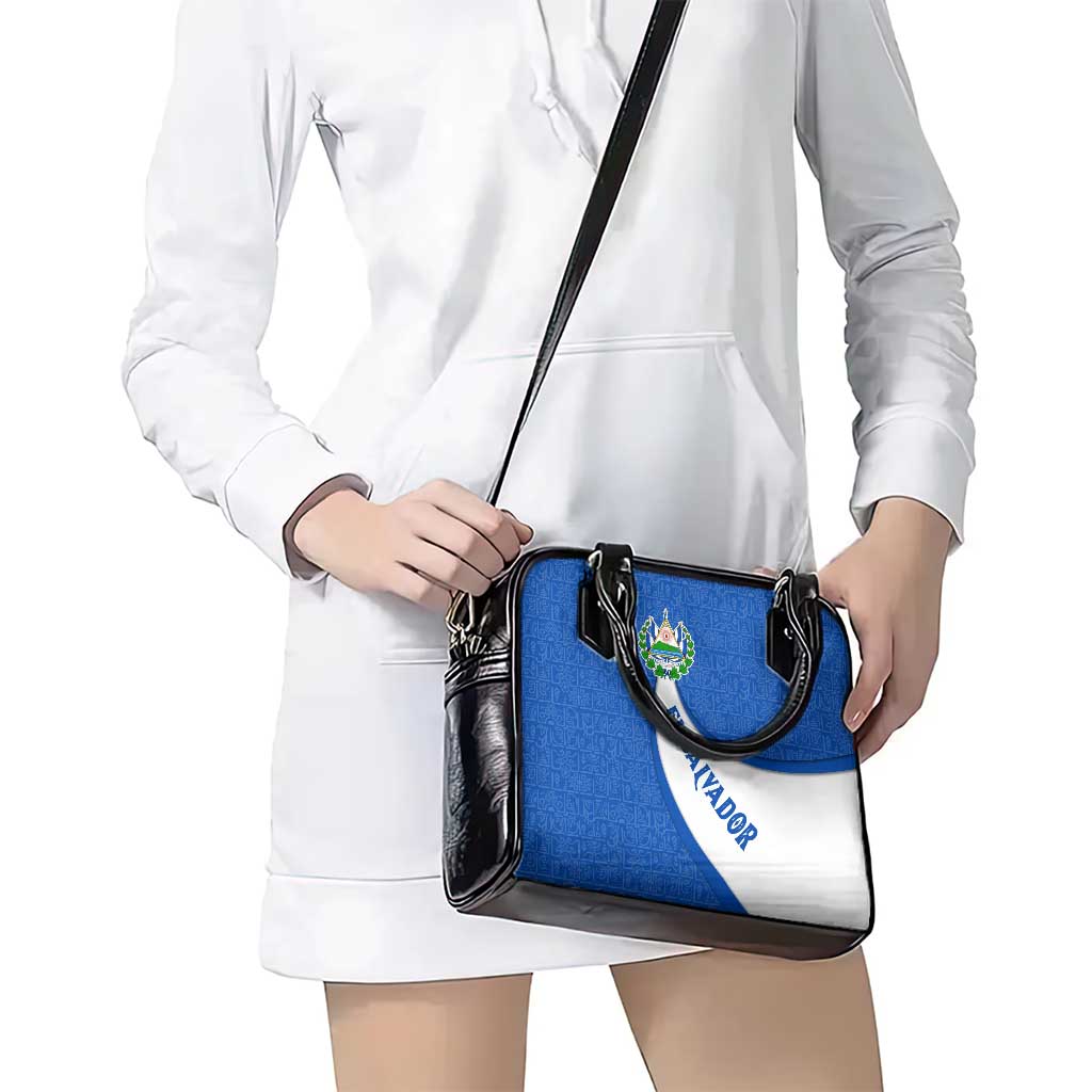 El Salvador Coat of Arms Shoulder Handbag with Curved Text and Blue Patterned Background TS04