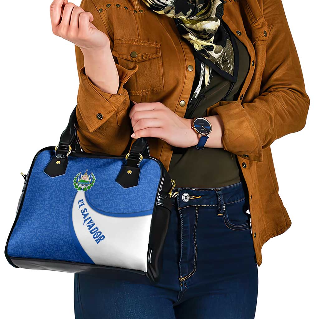 El Salvador Coat of Arms Shoulder Handbag with Curved Text and Blue Patterned Background TS04