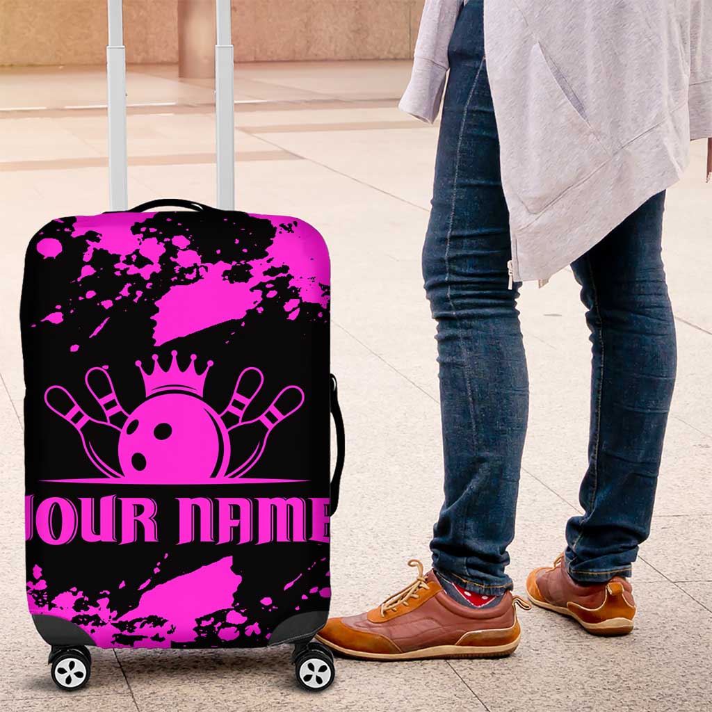 Pink Paint Splatter Design Luggage Cover with Bowling Graphic and Custom Team Name Text TS04