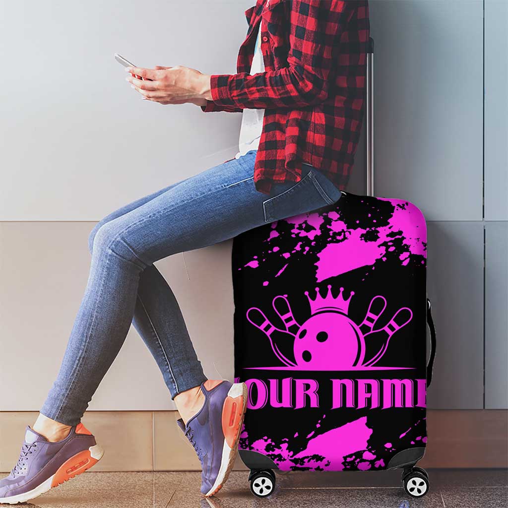 Pink Paint Splatter Design Luggage Cover with Bowling Graphic and Custom Team Name Text TS04