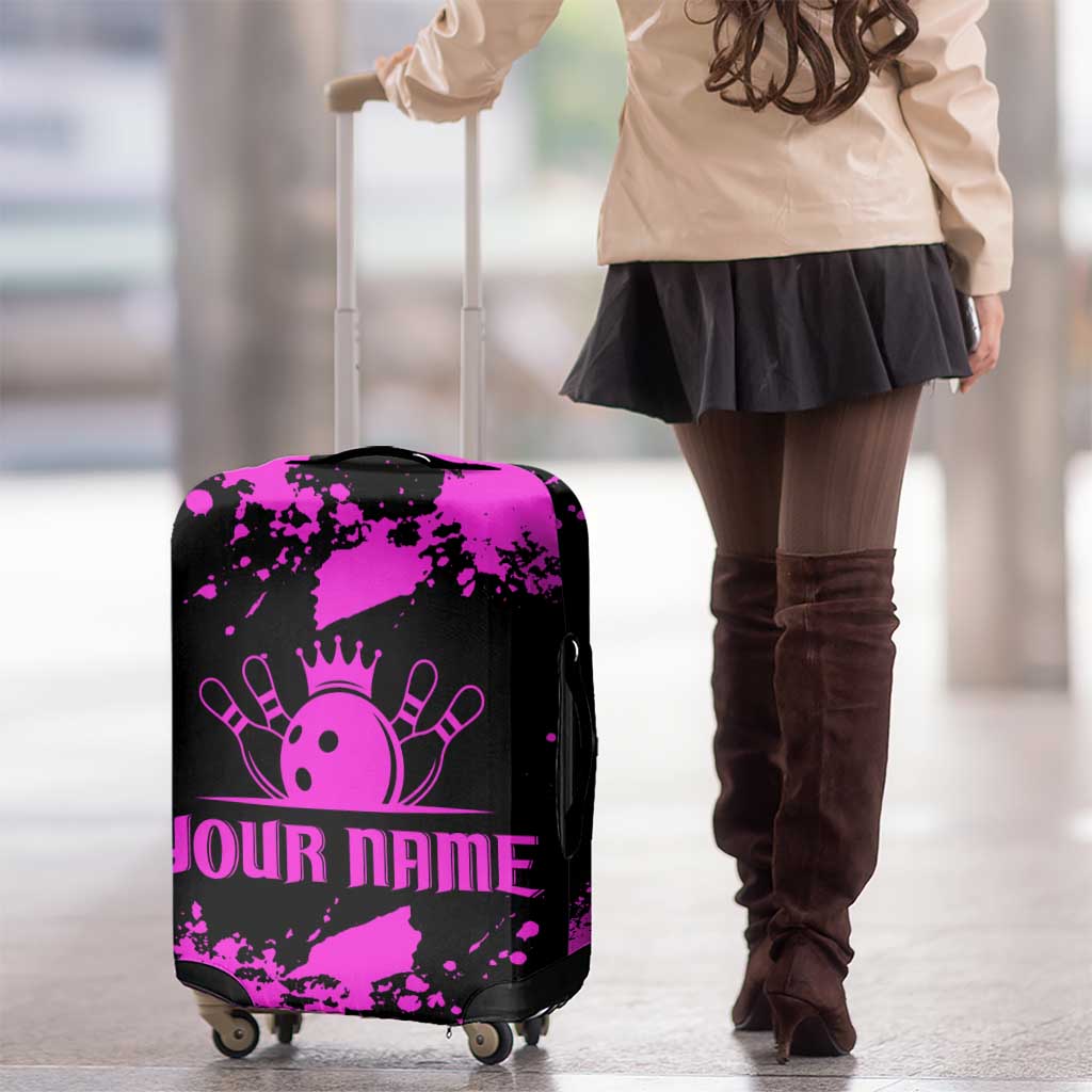 Pink Paint Splatter Design Luggage Cover with Bowling Graphic and Custom Team Name Text TS04