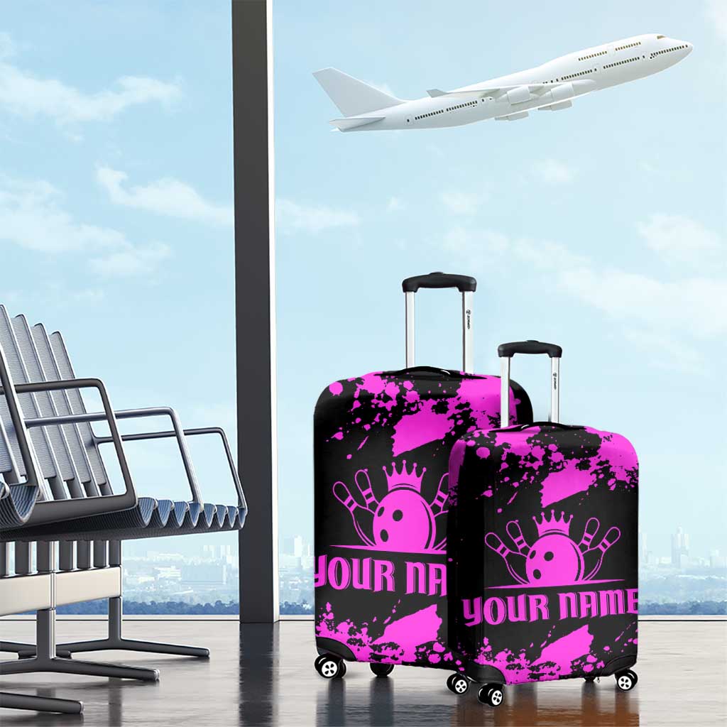 Pink Paint Splatter Design Luggage Cover with Bowling Graphic and Custom Team Name Text TS04