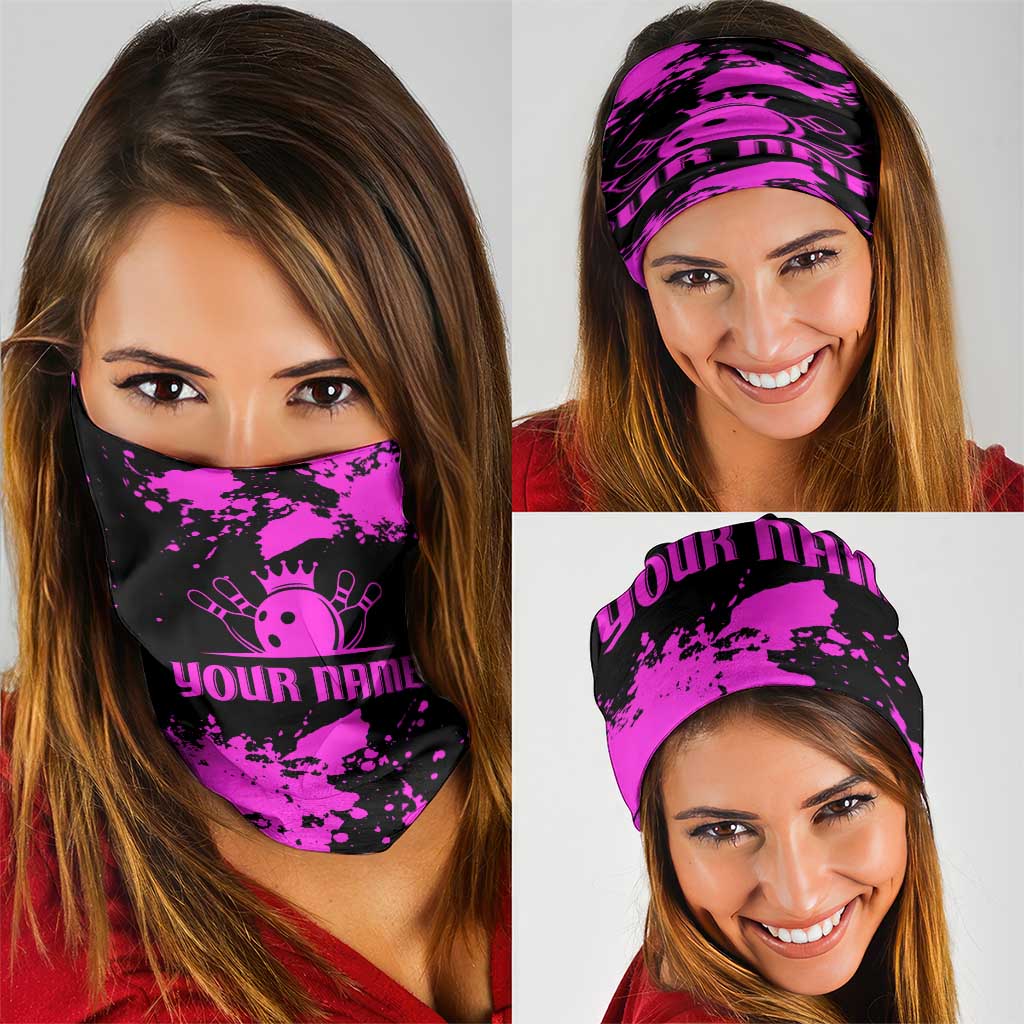 Pink Paint Splatter Design Neck Gaiter with Bowling Graphic and Custom Team Name Text TS04