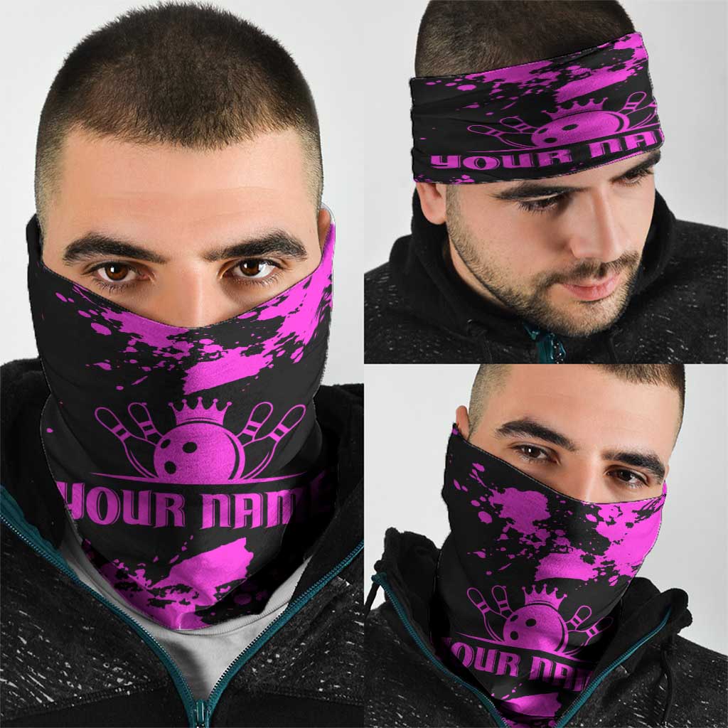 Pink Paint Splatter Design Neck Gaiter with Bowling Graphic and Custom Team Name Text TS04