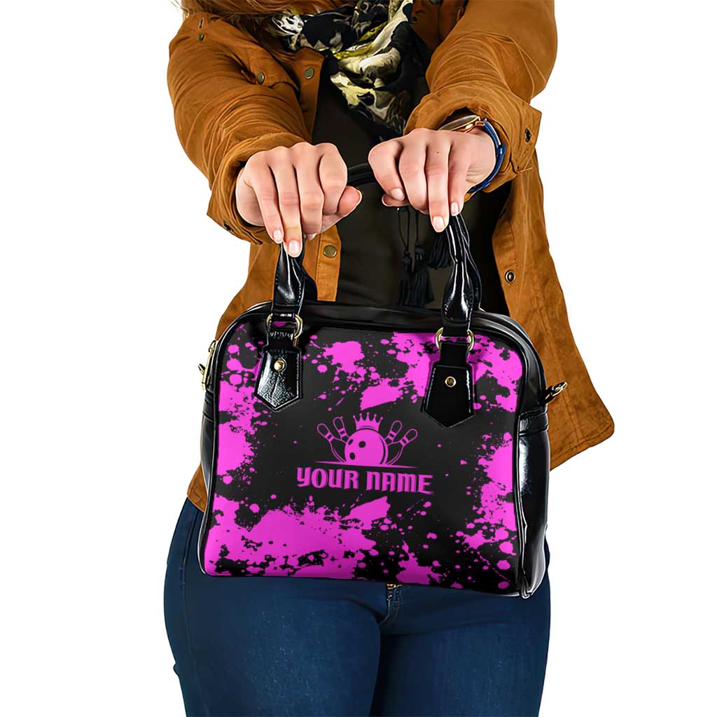 Pink Paint Splatter Design Shoulder Handbag with Bowling Graphic and Custom Team Name Text TS04