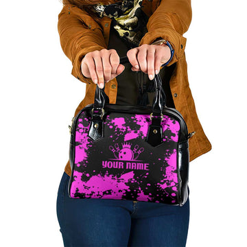 Pink Paint Splatter Design Shoulder Handbag with Bowling Graphic and Custom Team Name Text TS04