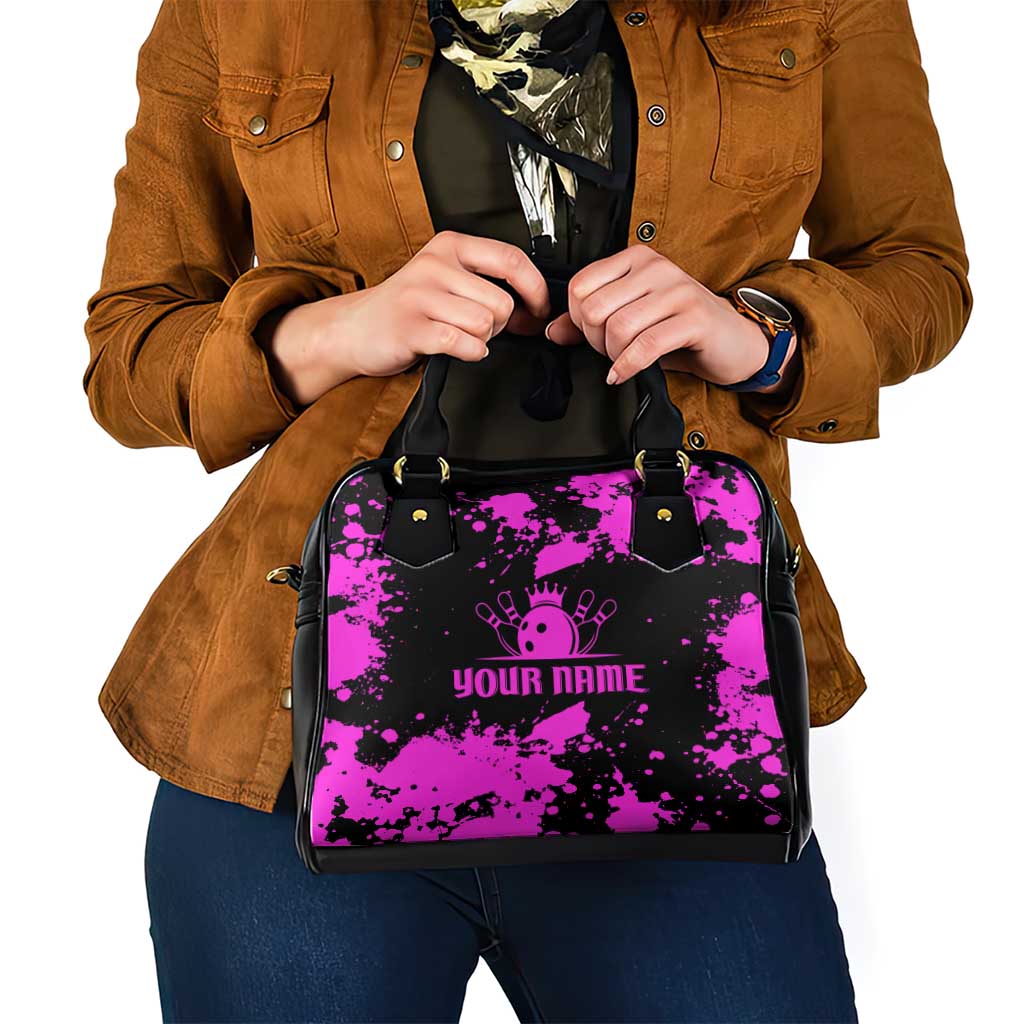 Pink Paint Splatter Design Shoulder Handbag with Bowling Graphic and Custom Team Name Text TS04