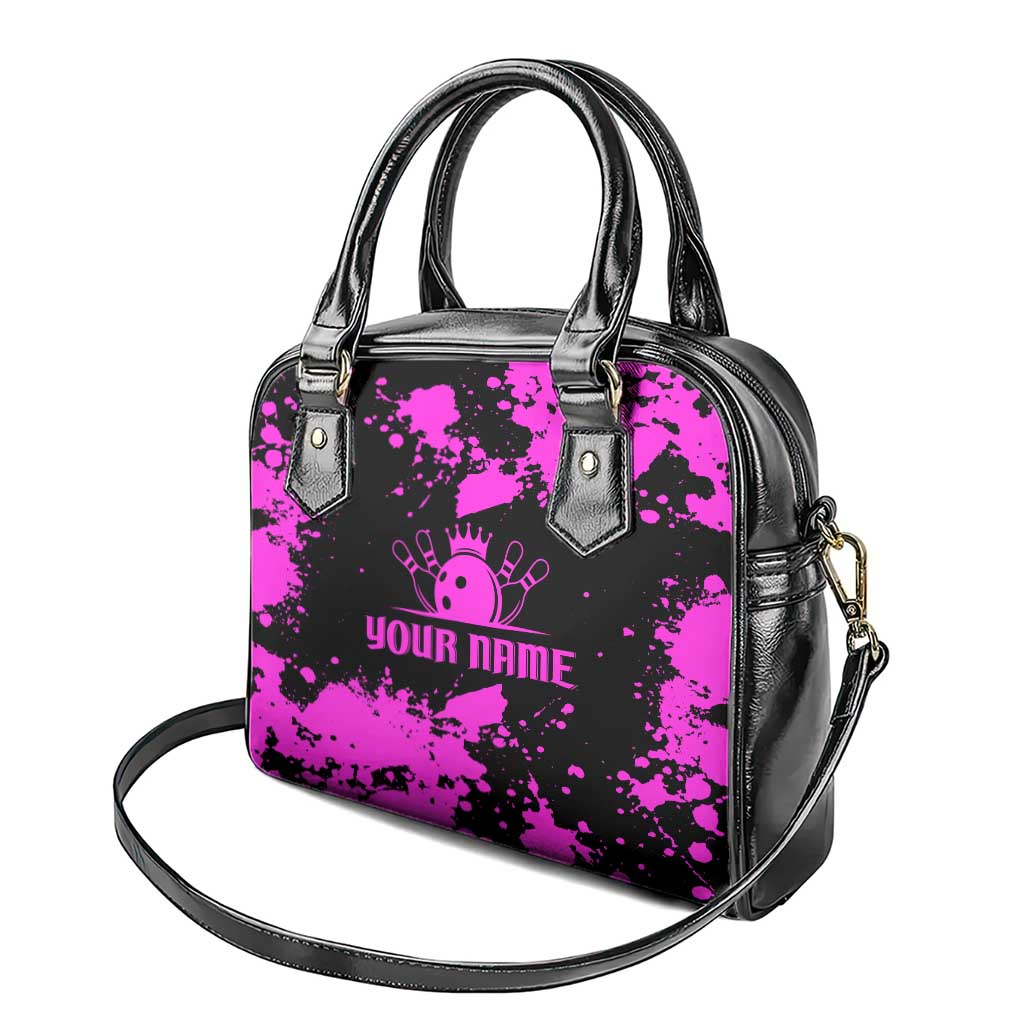 Pink Paint Splatter Design Shoulder Handbag with Bowling Graphic and Custom Team Name Text TS04