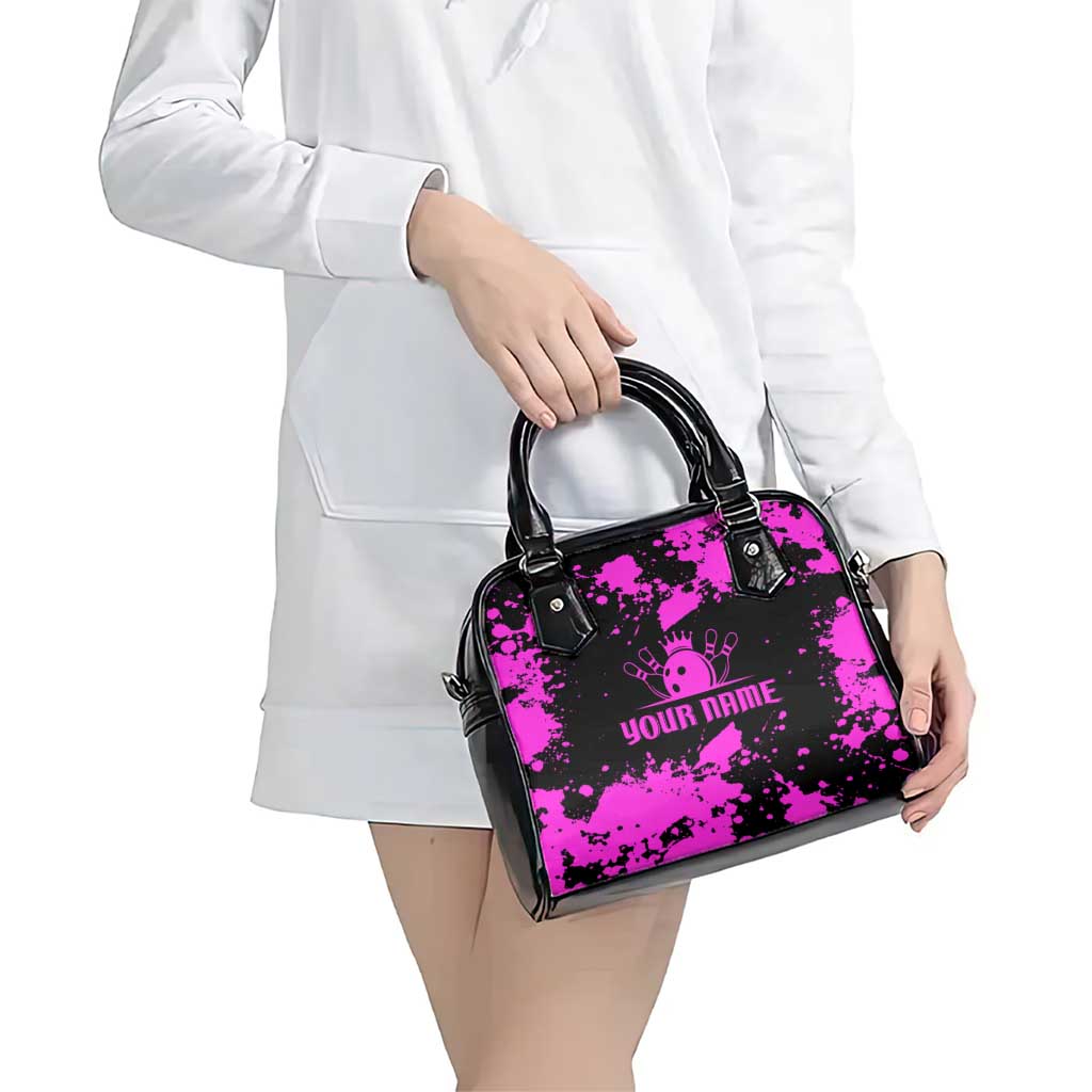 Pink Paint Splatter Design Shoulder Handbag with Bowling Graphic and Custom Team Name Text TS04