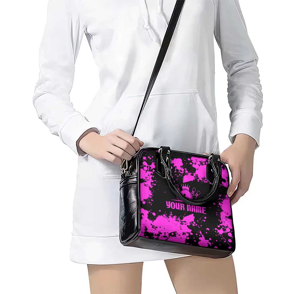 Pink Paint Splatter Design Shoulder Handbag with Bowling Graphic and Custom Team Name Text TS04