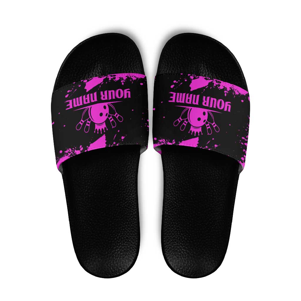 Pink Paint Splatter Design Slide Sandals with Bowling Graphic and Custom Team Name Text TS04